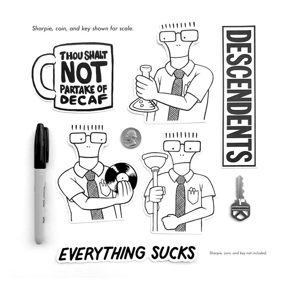 Descendents Sticker Pack featuring six black and white silkscreened stickers laid out next to a Sharpie, a house key and quarter for scale