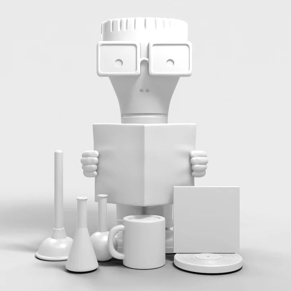 Milo from DESCENDENTS 7-inch Blank White Vinyl Figure pictured with seven blank white accessories
