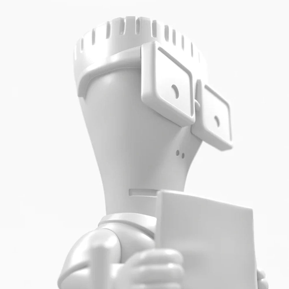Close-up image of the blank white Milo from DESCENDENTS 7-inch vinyl figure holding blank white newspaper accessory
