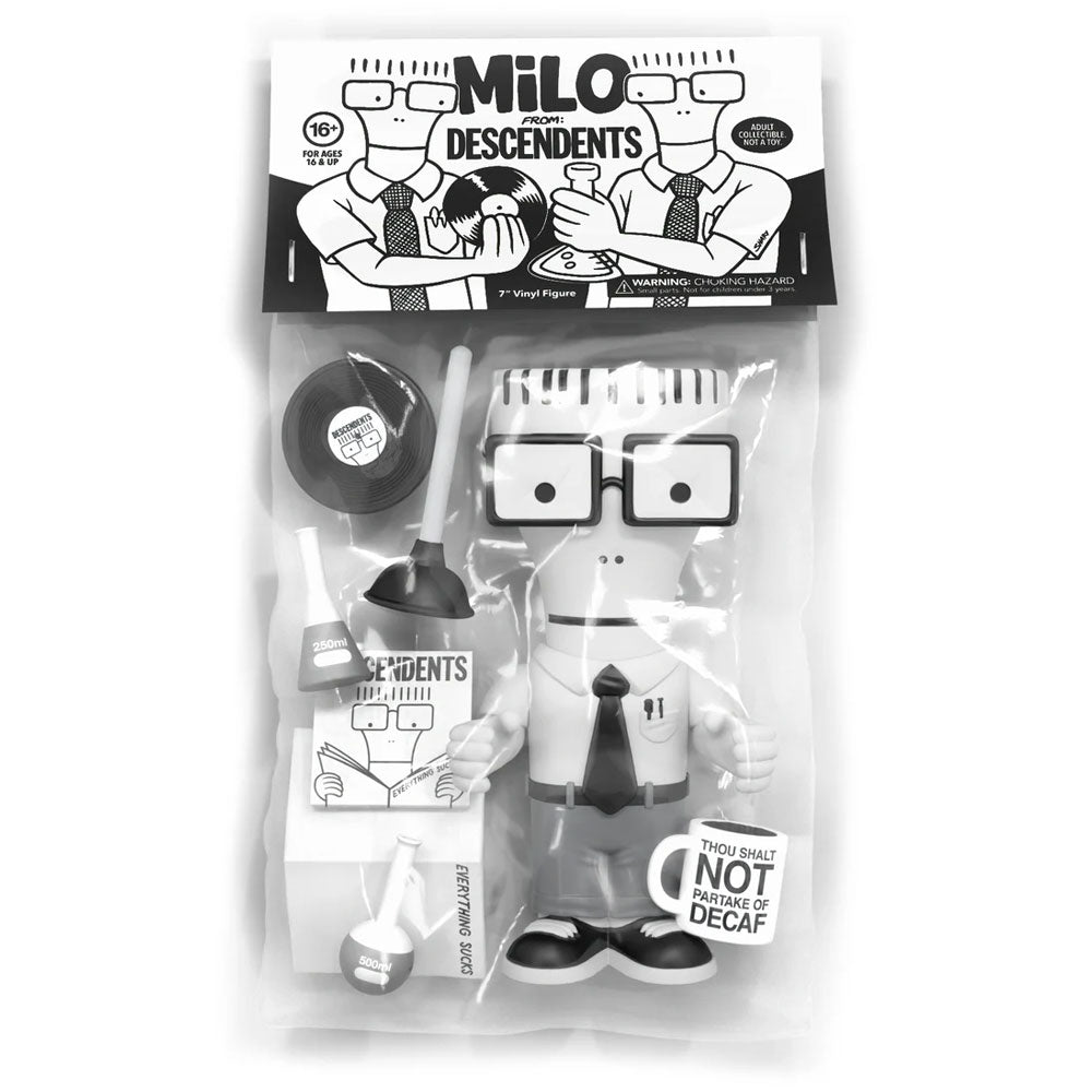 Milo from Descendents 7-inch vinyl figure, pictured, packaged in bag and header card with seven accessories.