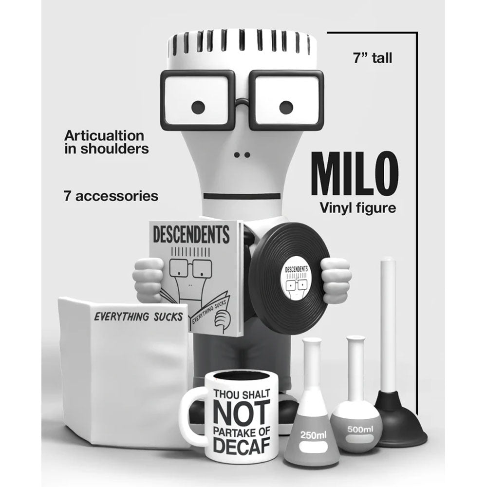 Milo from Descendents 7-inch vinyl figure, pictured with seven accessories, specifications, and information about the collectible.