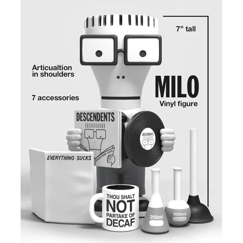 Milo from Descendents 7-inch vinyl figure, pictured with seven accessories, specifications, and information about the collectible.
