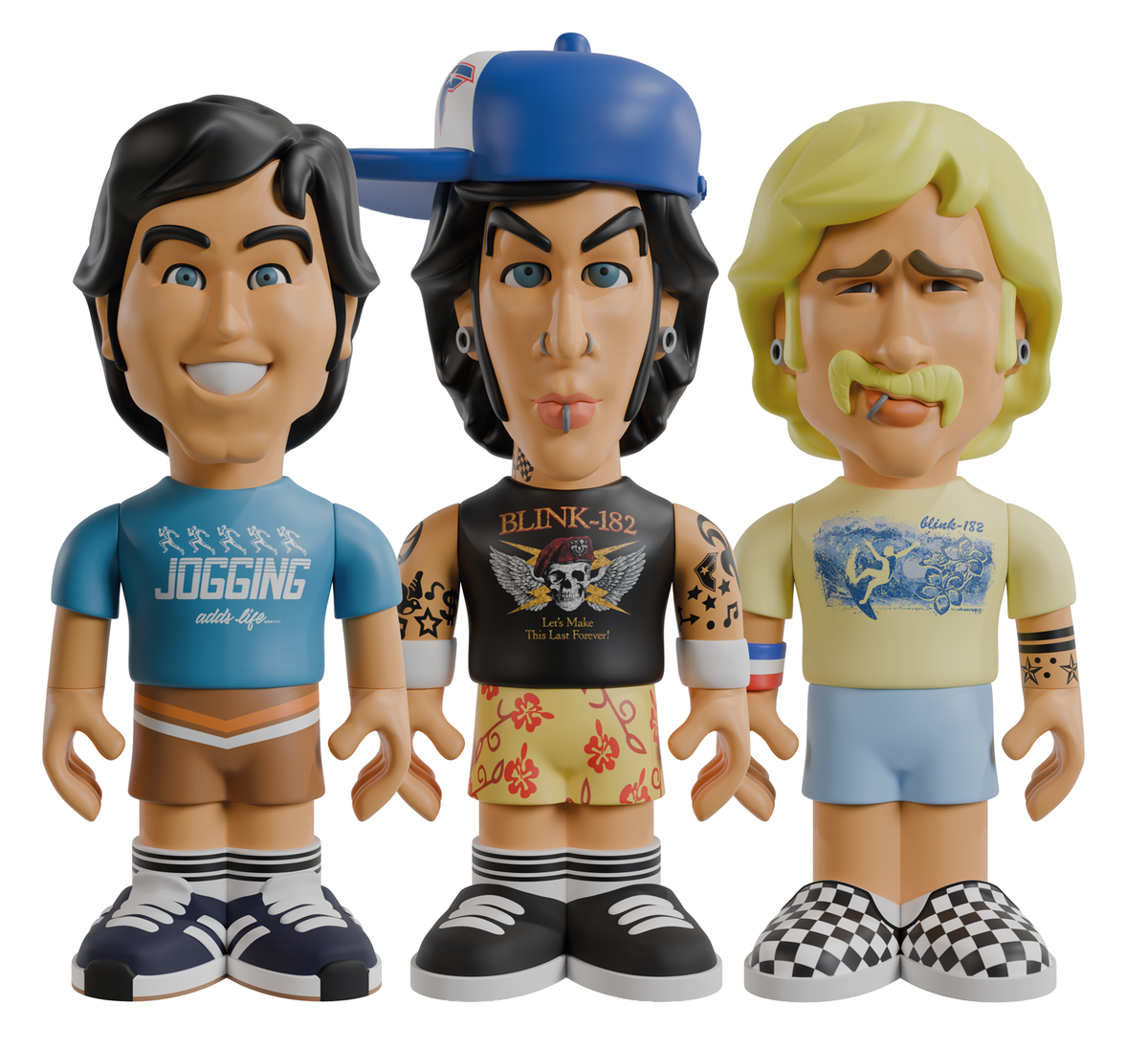 All three blink-182 7-inch vinyl figures (Mark, Tom and Travis) standing next to each other with their hands down by thier sides against a white background