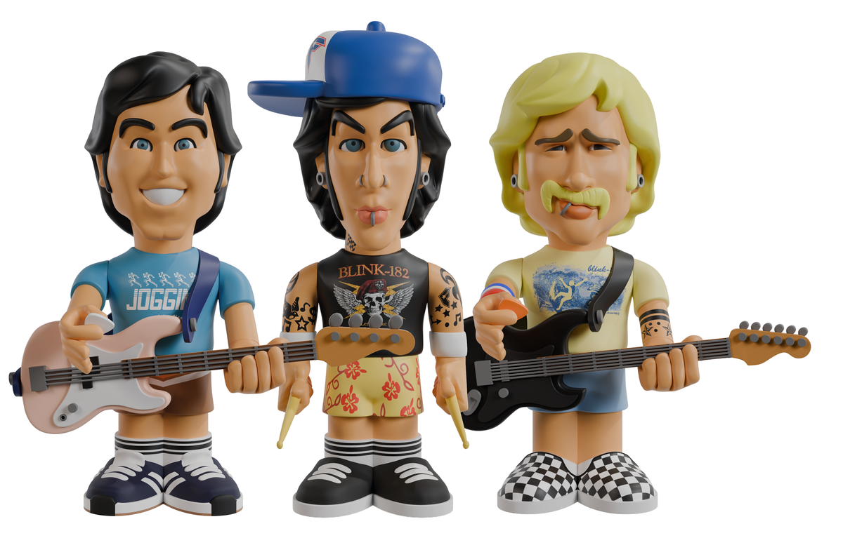 All three blink-182 7-inch vinyl figures (Mark, Tom, and Travis) standing next to each other holding their instruments against a white background