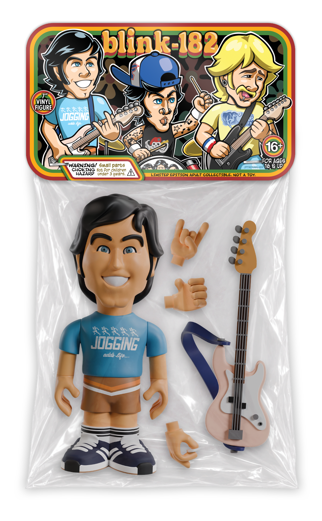 Mark Hoppus “Spaulding” 7-inch vinyl figure in a bag with header card, and his bass guitar and extra detachable hands are beside him against a white background