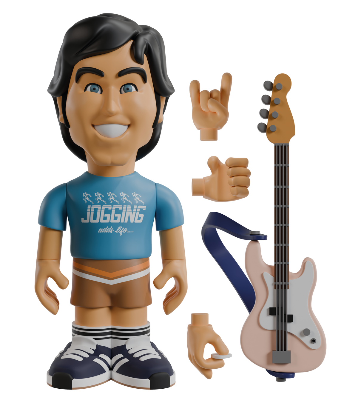 Mark Hoppus “Spaulding” 7-inch vinyl figure with a bass guitar and extra detachable hands beside him against a white background