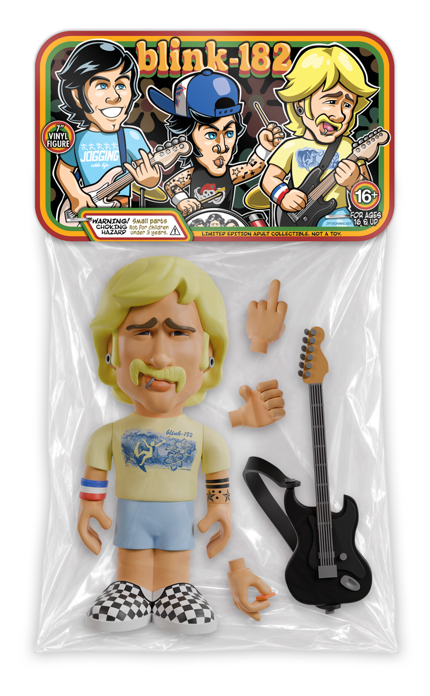 Tom DeLonge “Boomer” 7-inch vinyl figure in a bag with header card, and his guitar and extra detachable hands are beside him against a white background