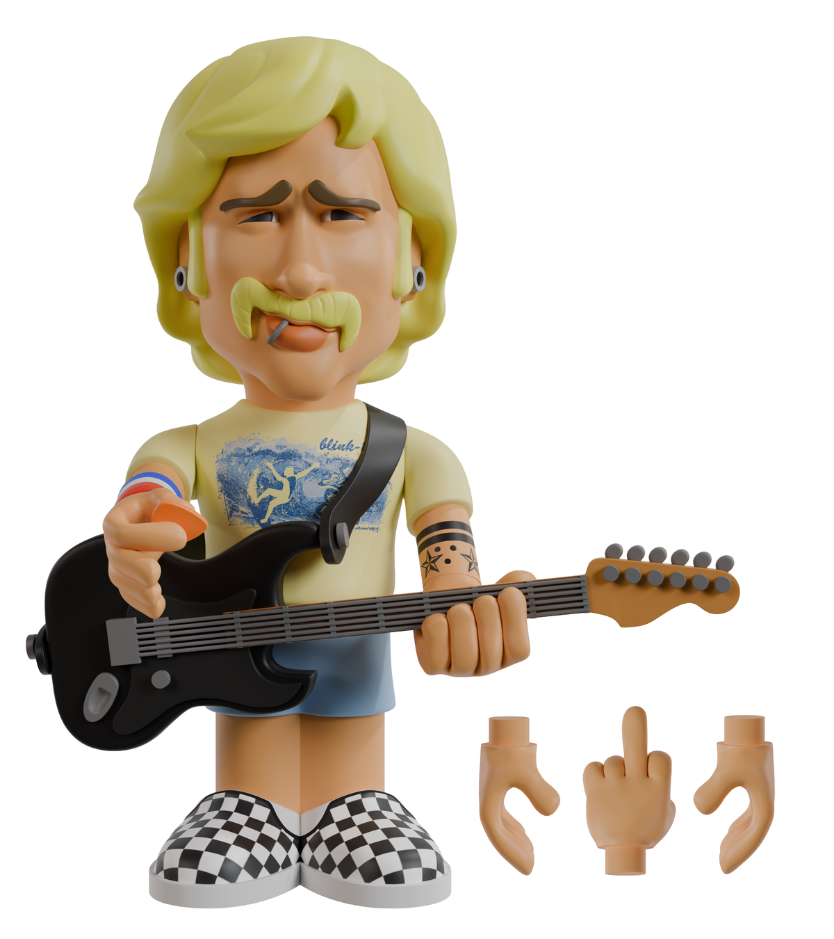 Tom DeLonge “Boomer” 7-inch vinyl figure holding a guitar against a white background, with extra detachable hands in the bottom-right corner