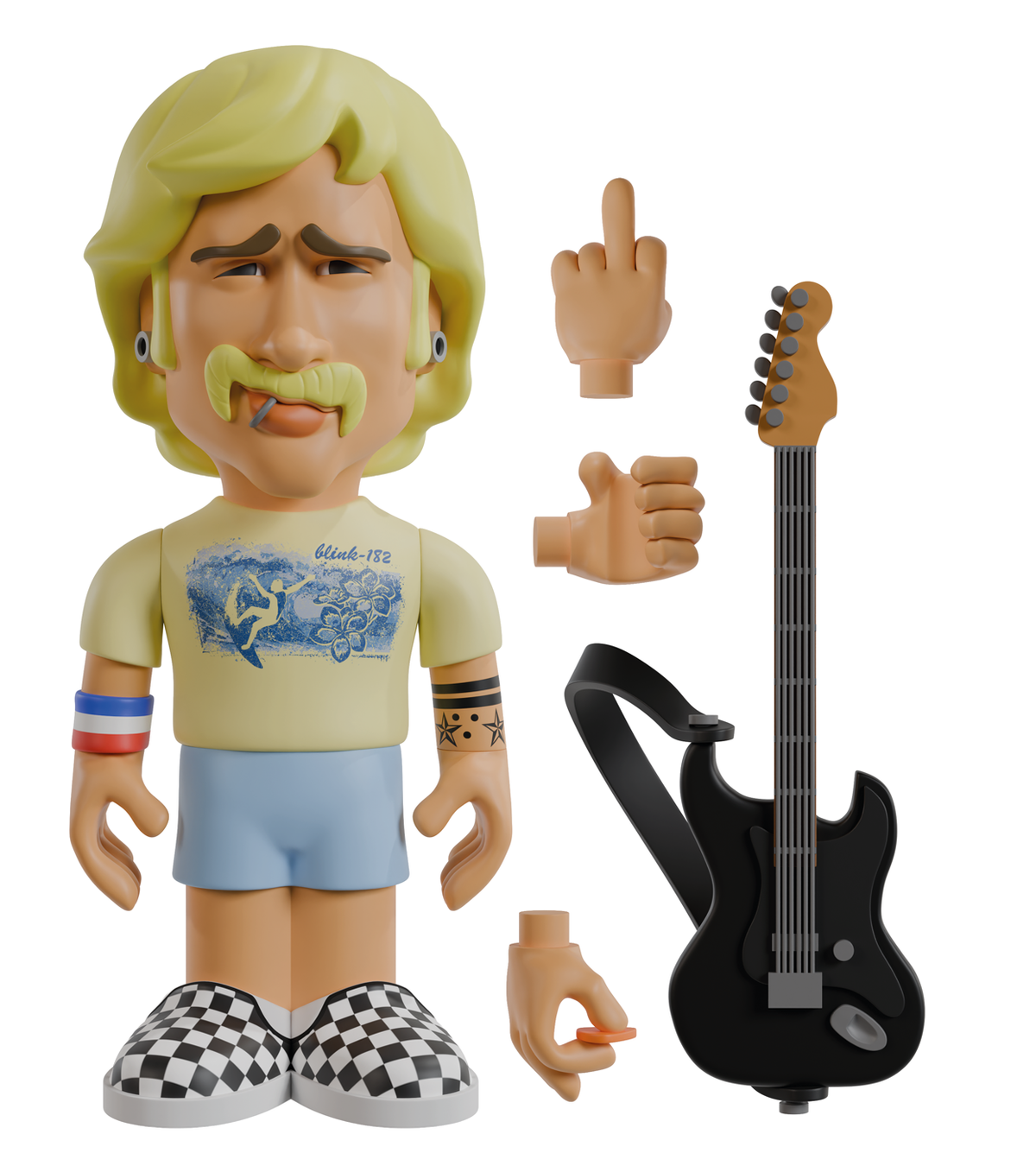 Tom DeLonge “Boomer” 7-inch vinyl figure with a guitar and extra detachable hands beside him against a white background