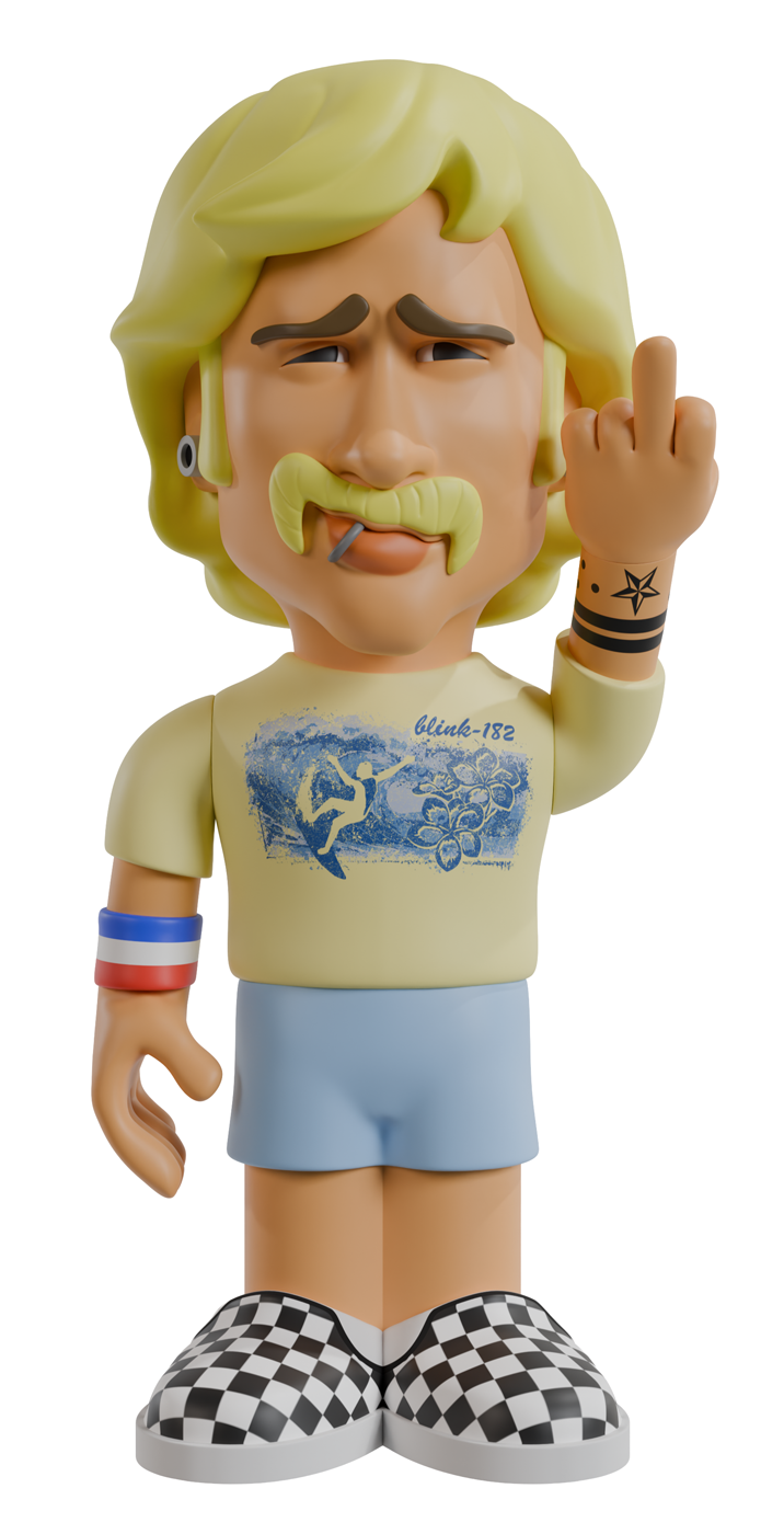 Tom DeLonge “Boomer” 7-inch vinyl figure raising one arm with a middle finger gesture against a white background
