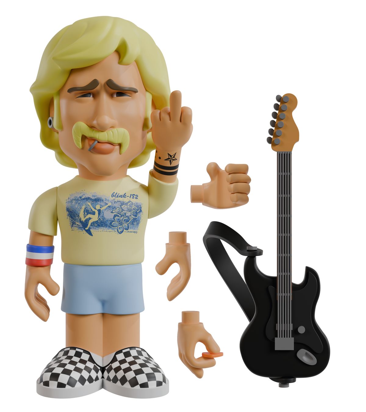 Tom DeLonge “Boomer” 7-inch vinyl figure raising one arm with a middle gesture, with a guitar and extra detachable hands beside him against a white background