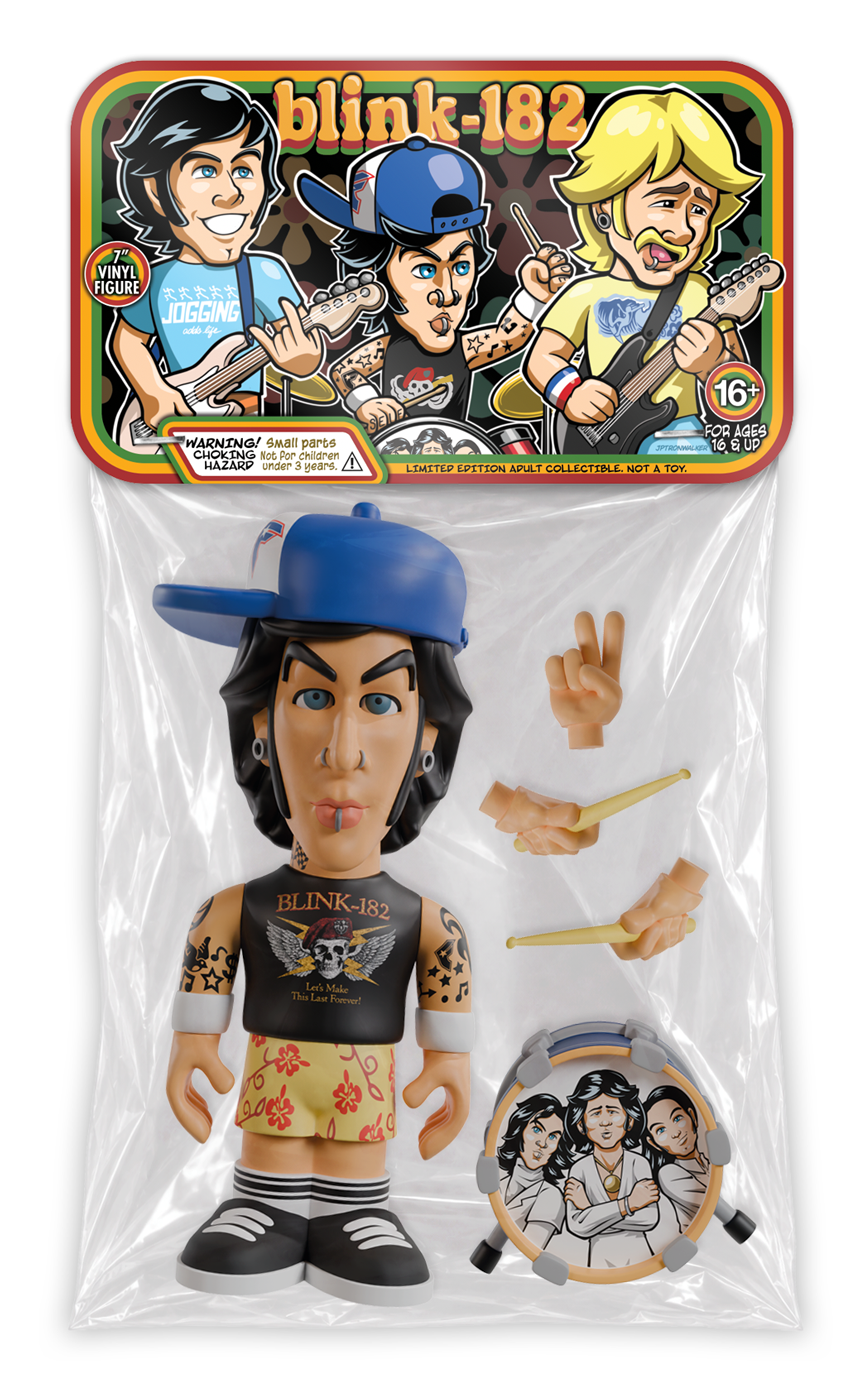 Travis Barker “Travis” 7-inch vinyl figure in a bag with header card, and his bass drum and extra detachable hands are beside him against a white background