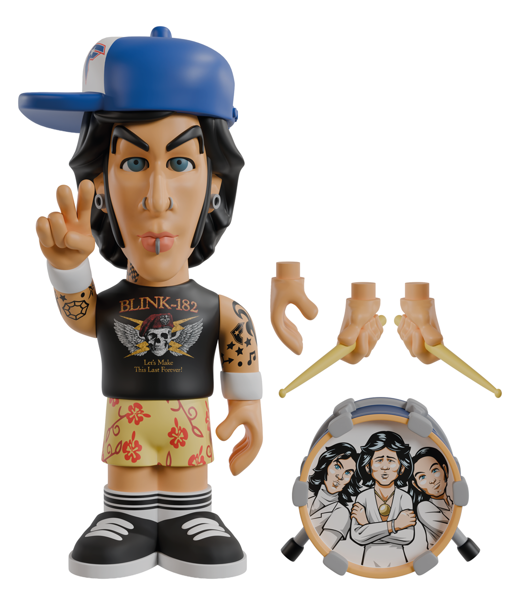 Travis Barker “Travis” 7-inch vinyl figure raising one arm and making the peace symbol gesture, with a kick drum and extra detachable hands in the bottom-right corner