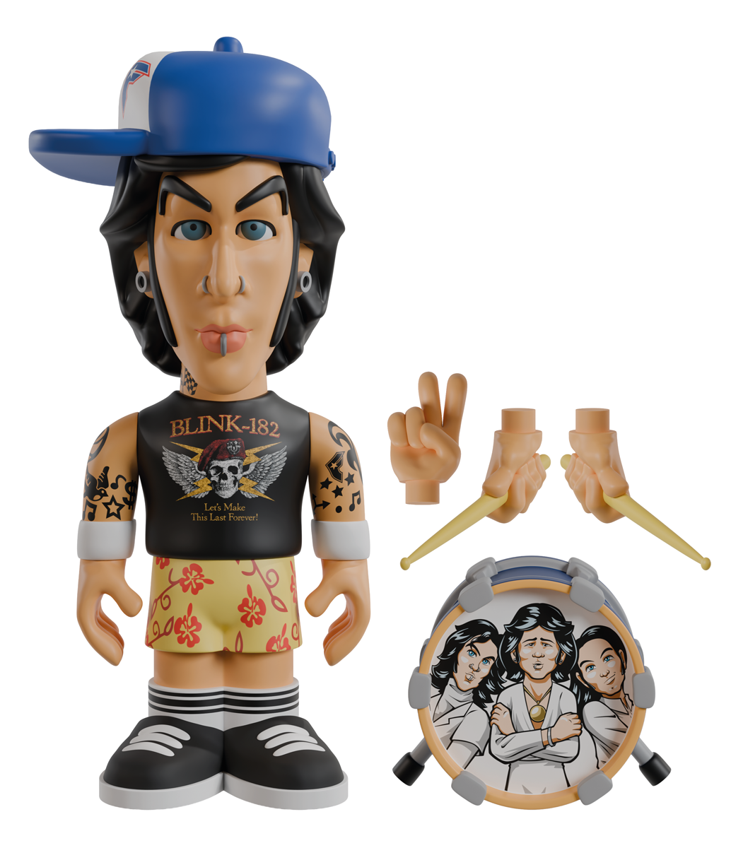 Travis Barker “Travis” 7-inch vinyl figure against a white background, with a kick drum and extra detachable hands in the bottom-right corner