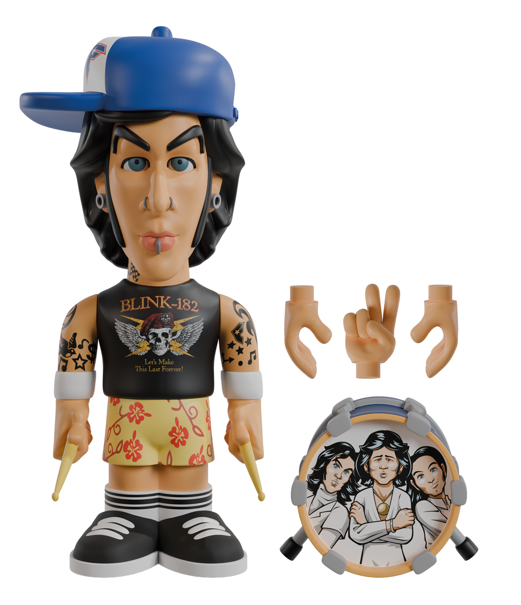 Travis Barker “Travis” 7-inch vinyl figure holding drumsticks against a white background, with a kick drum and extra detachable hands in the bottom-right corner